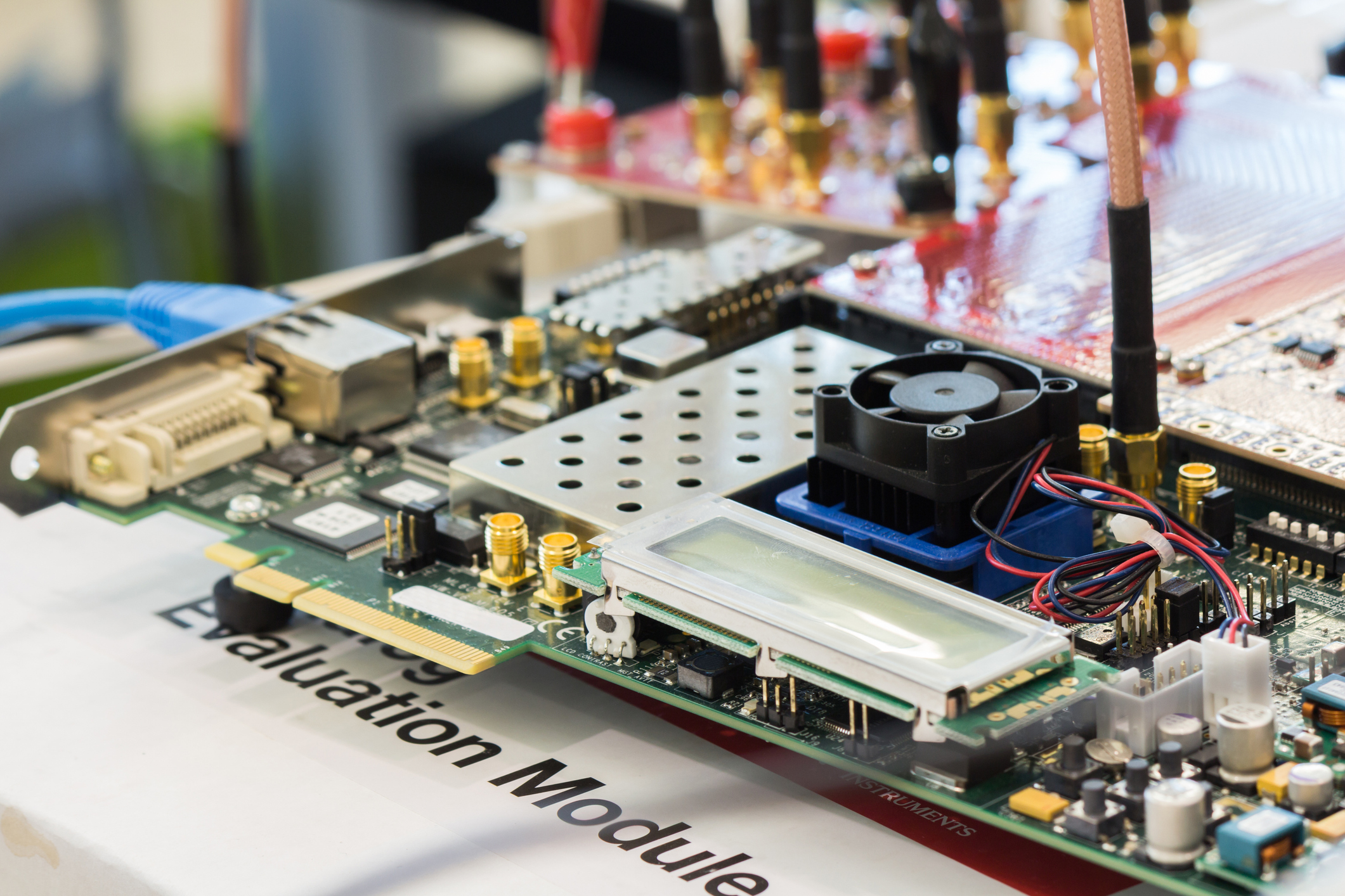 Surplus electronics evaluation board with cooling fan, LCD display and RF connectors